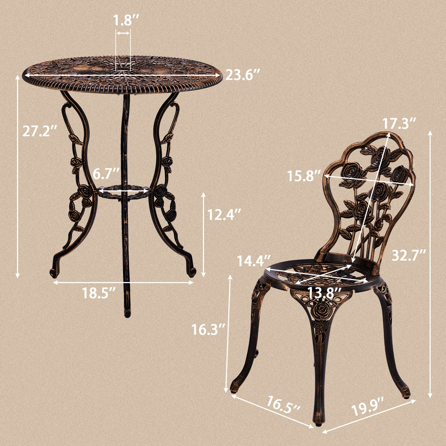 3 PCS Outdoor Bistro Set,Outdoor Patio Set, All-Weather Cast Aluminum Bistro Table Set for Backyard, Garden, Balcony （Rose）