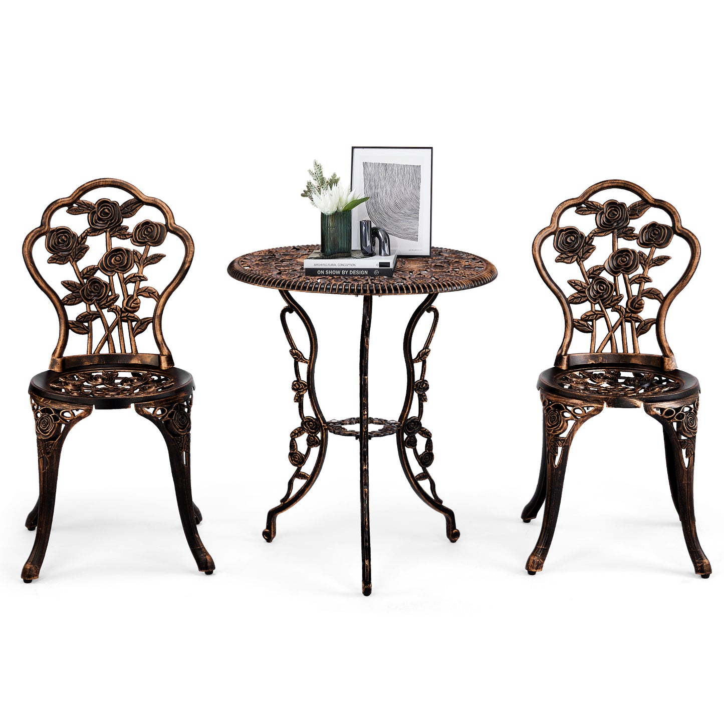 3 PCS Outdoor Bistro Set,Outdoor Patio Set, All-Weather Cast Aluminum Bistro Table Set for Backyard, Garden, Balcony （Rose）
