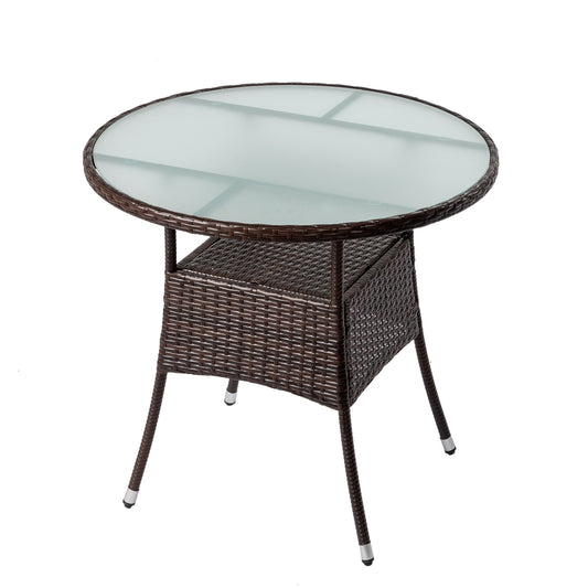 31.5" Patio Table for 4-Person, Outdoor Patio Wicker Round Dining Table, All-Weather Rattan Bistro Dining Table w/Glass Tabletop for Backyard Deck Porch Poolside, Brown