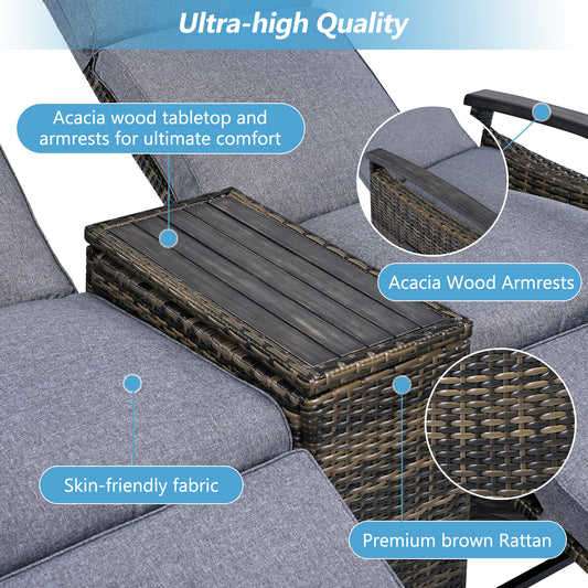 Patio Recliner Loveseat Chair, Adjustable Backrest Wicker Outdoor Lounge Chair Set with Acacia Wood Armrests and Built-in Storage Table for Balcony, Porch, Lawn, Gray