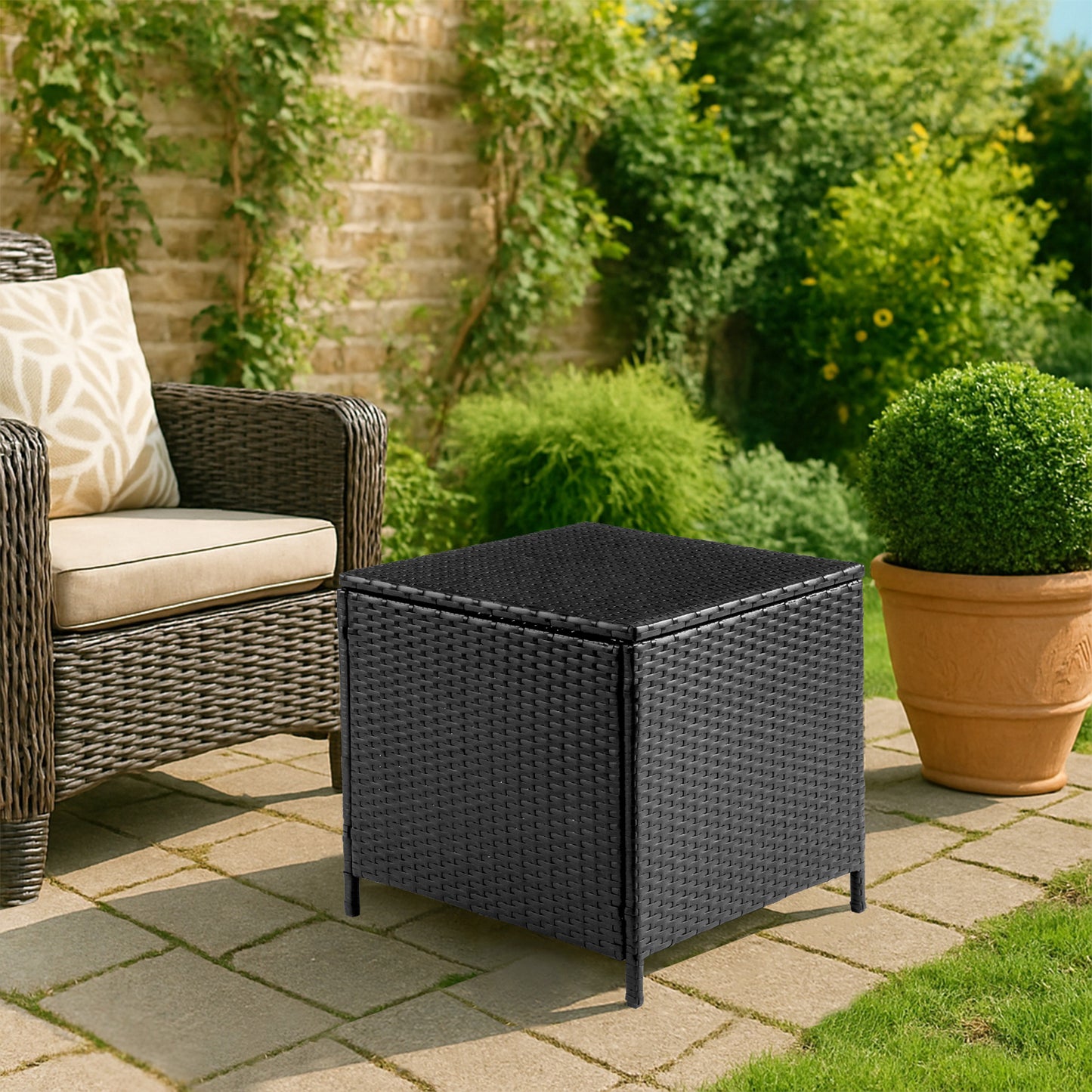 Outdoor PE Wicker Side Table with Storage, Patio Rattan End Table Square Container for Furniture Covers, Toys and Gardening Tools, Black