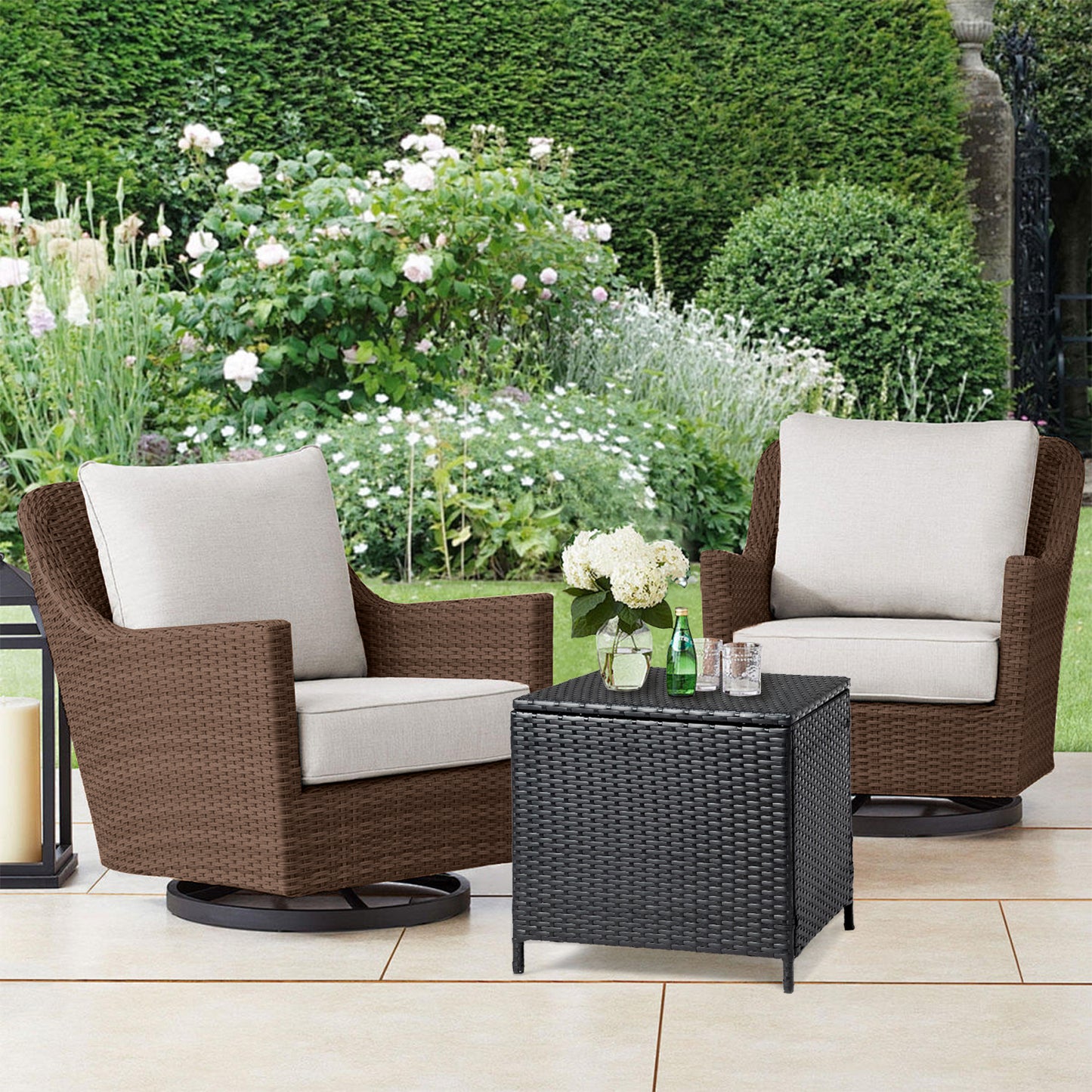 Outdoor PE Wicker Side Table with Storage, Patio Rattan End Table Square Container for Furniture Covers, Toys and Gardening Tools, Black