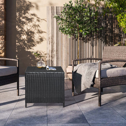 Outdoor PE Wicker Side Table with Storage, Patio Rattan End Table Square Container for Furniture Covers, Toys and Gardening Tools, Black