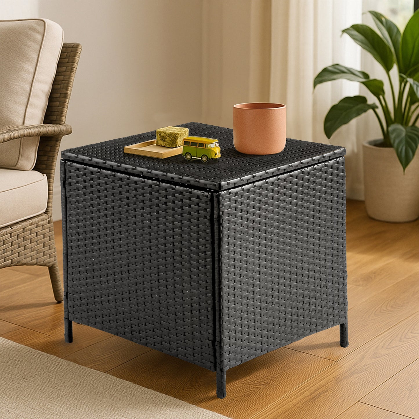 Outdoor PE Wicker Side Table with Storage, Patio Rattan End Table Square Container for Furniture Covers, Toys and Gardening Tools, Black