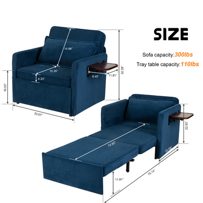 Adult Sleeper Chair Bed, 3-in-1 Convertible Sofa Chair Bed Pull-out Sofa Bed, Convenient Folding Tray Table with USB and Type-C Charging Ports for Living Room,BLUE,Fabric