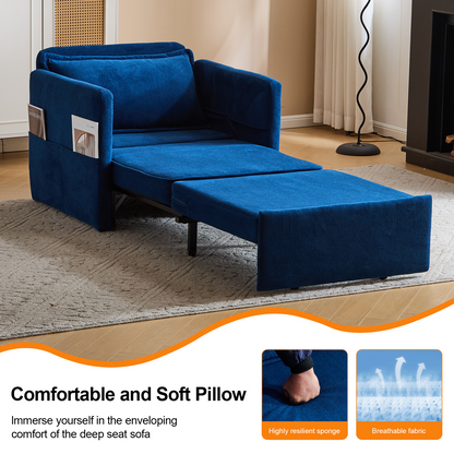 Adult Sleeper Chair Bed, 3-in-1 Convertible Sofa Chair Bed Pull-out Sofa Bed, Convenient Folding Tray Table with USB and Type-C Charging Ports for Living Room,BLUE,Fabric