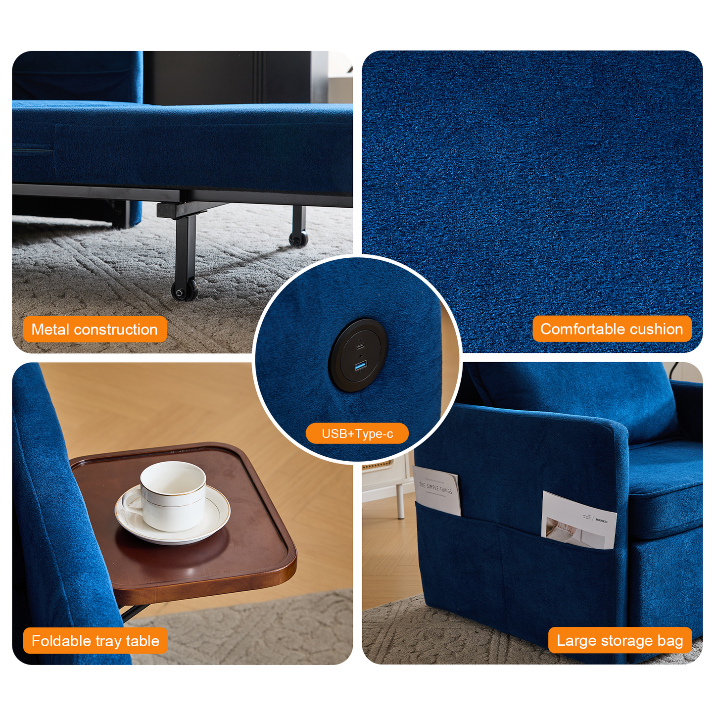 Adult Sleeper Chair Bed, 3-in-1 Convertible Sofa Chair Bed Pull-out Sofa Bed, Convenient Folding Tray Table with USB and Type-C Charging Ports for Living Room,BLUE,Fabric