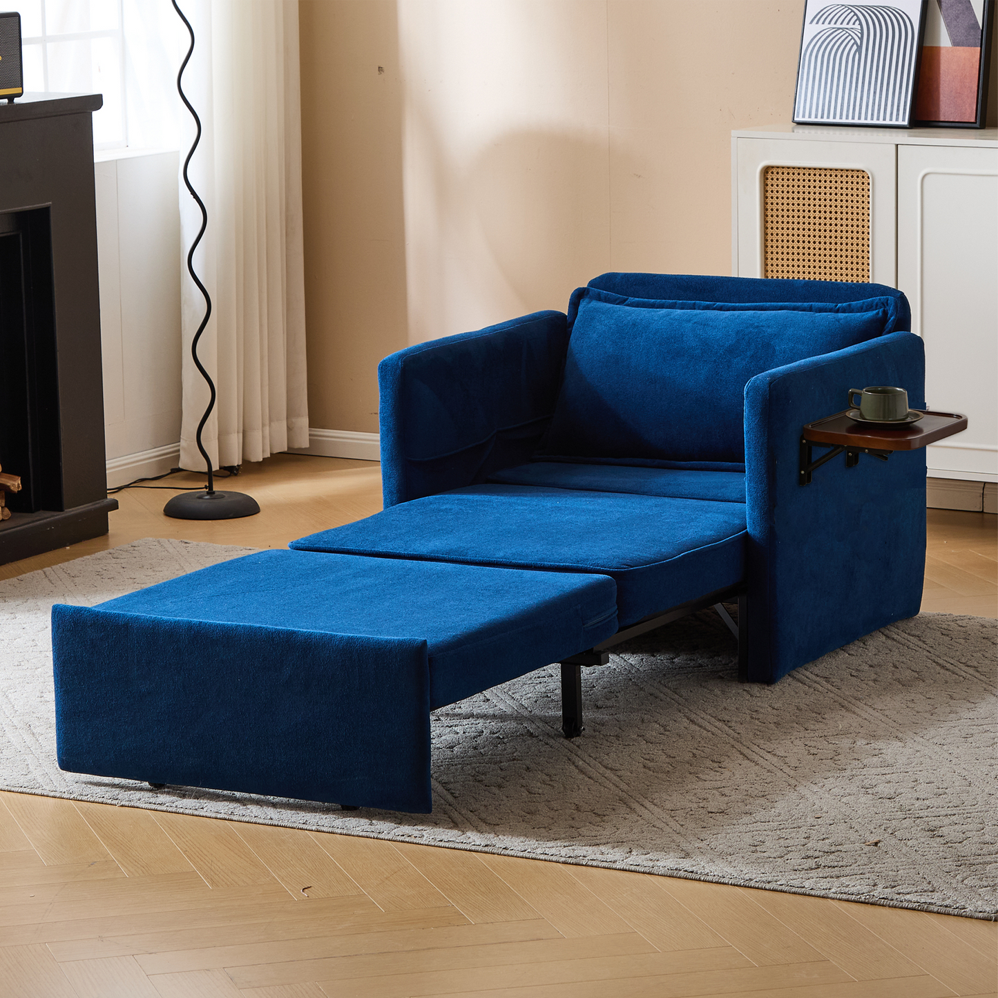 Adult Sleeper Chair Bed, 3-in-1 Convertible Sofa Chair Bed Pull-out Sofa Bed, Convenient Folding Tray Table with USB and Type-C Charging Ports for Living Room,BLUE,Fabric
