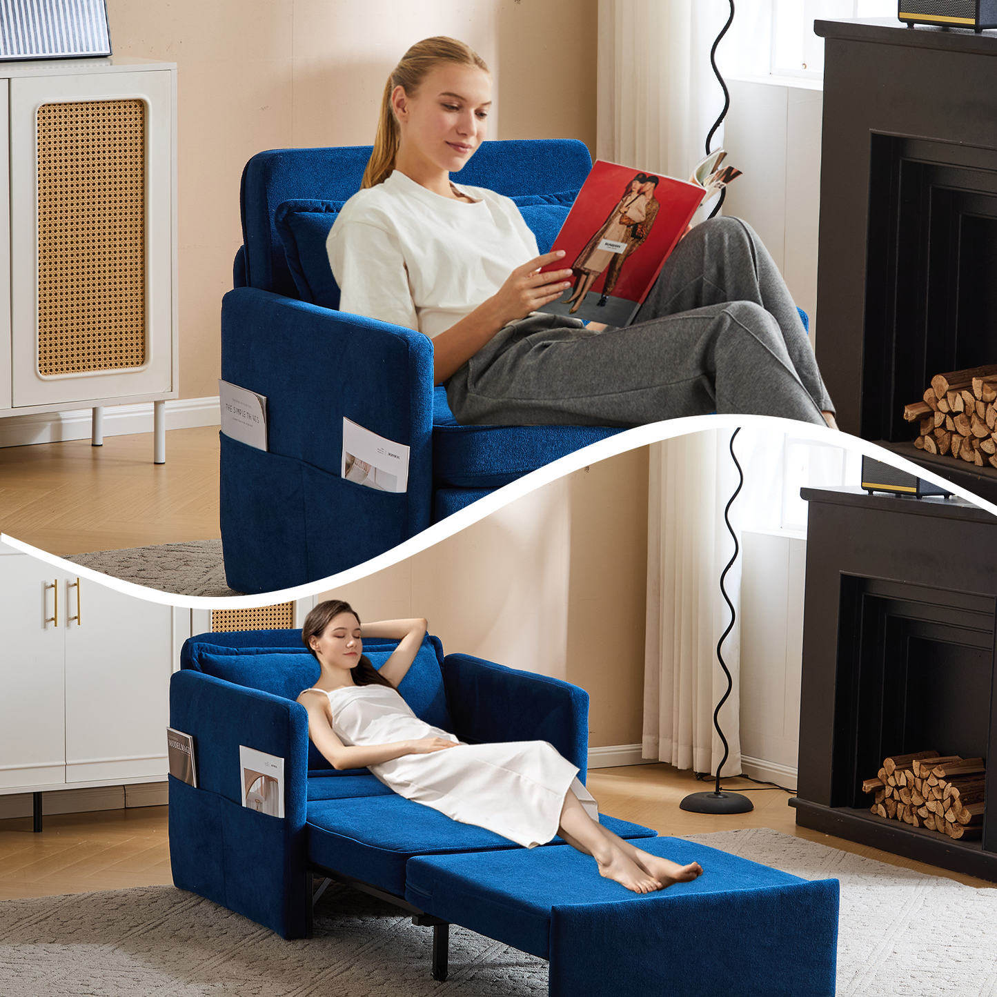 Adult Sleeper Chair Bed, 3-in-1 Convertible Sofa Chair Bed Pull-out Sofa Bed, Convenient Folding Tray Table with USB and Type-C Charging Ports for Living Room,BLUE,Fabric