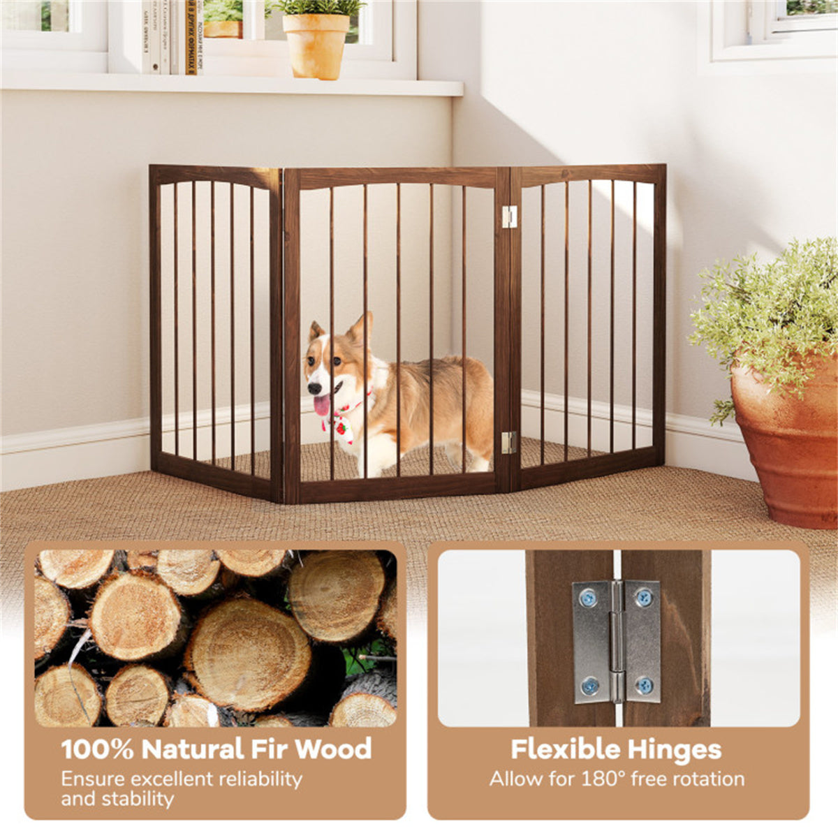 63" x 30" Brown Wooden Pet Fence