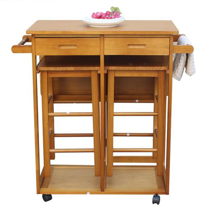 Square Solid Wood Folding Dining Cart with 2 Free Stools Brown