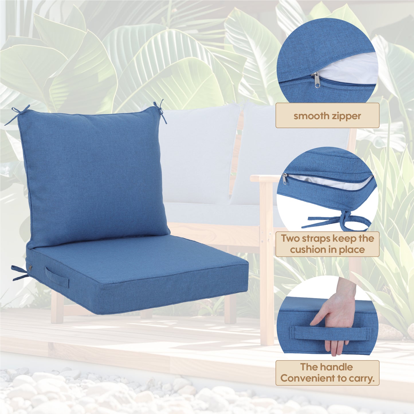 2 PCS Set 24x24 in Outdoor Deep Seat Cushion- Waterproof Fade-Resistant Patio Furniture Cushions with Removable Covers, Adjustable Straps & Handles,Navy Blue