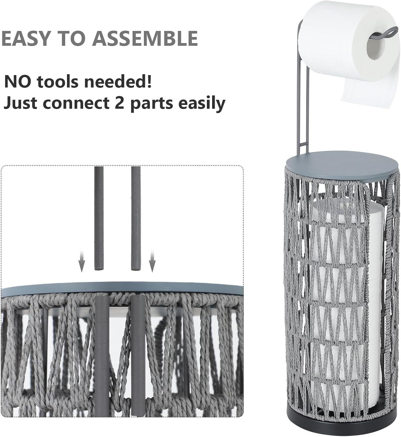 Boho Toilet Paper Holder with Storage?3 Rolls of Freestanding Toilet Paper Roll Holder Stand,Wicker Tissue Holder for Bathroom,Rattan Sturdy Bathroom Decor Farmhouse Toilet Paper Storage-Grey
