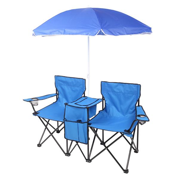 Portable Outdoor 2-Seat Folding Chair with Removable Sun Umbrella Blue