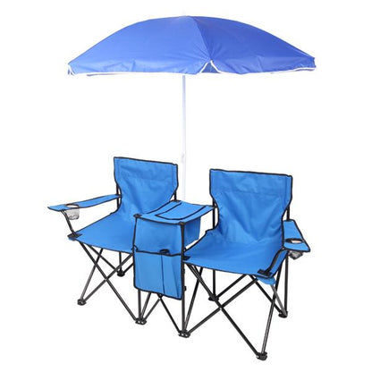 Portable Outdoor 2-Seat Folding Chair with Removable Sun Umbrella Blue